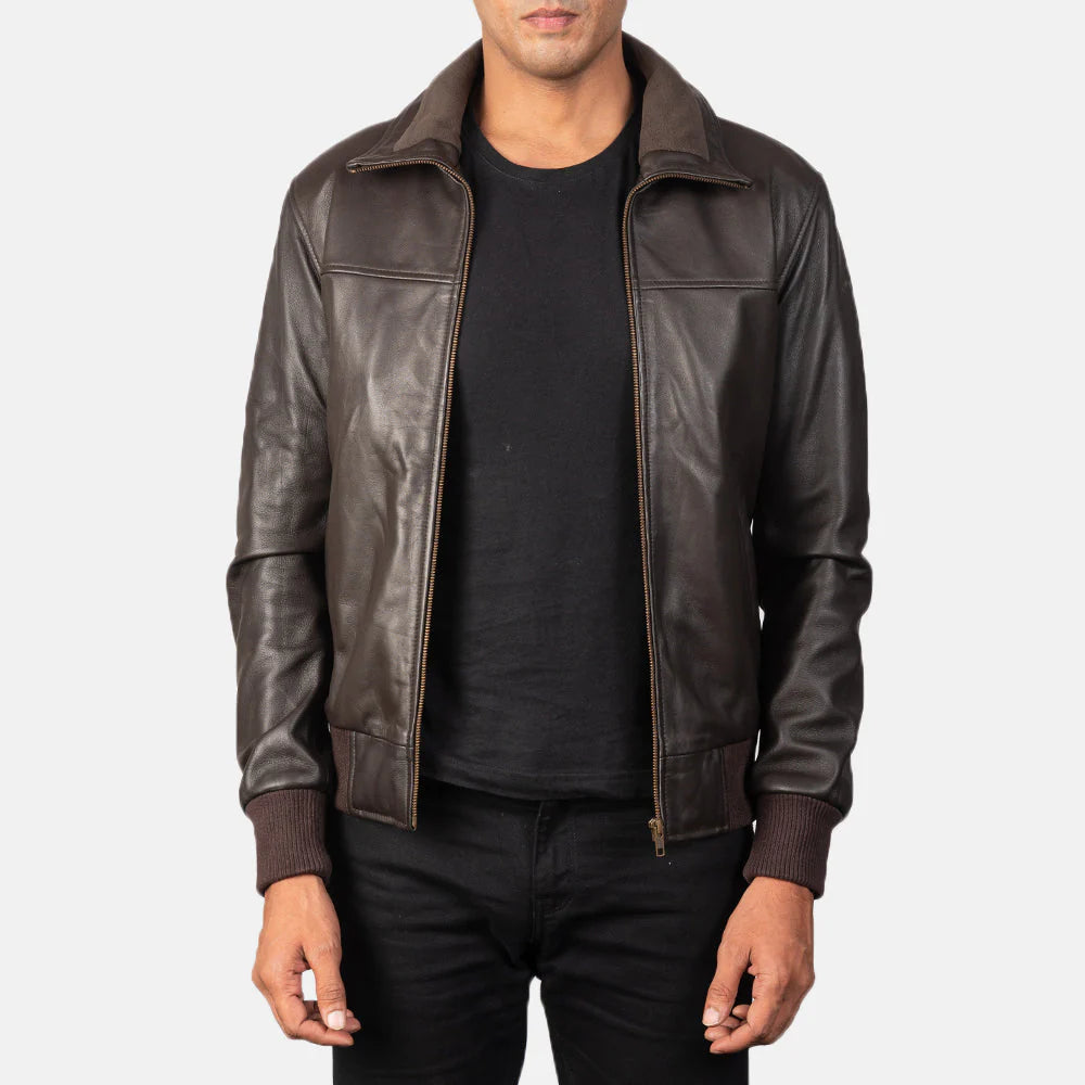 Man wearing a brown leather jacket on a white background