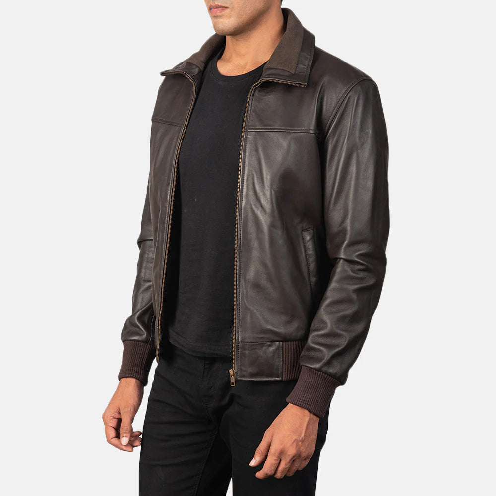 Classic aviator-style bomber jacket in genuine brown leather