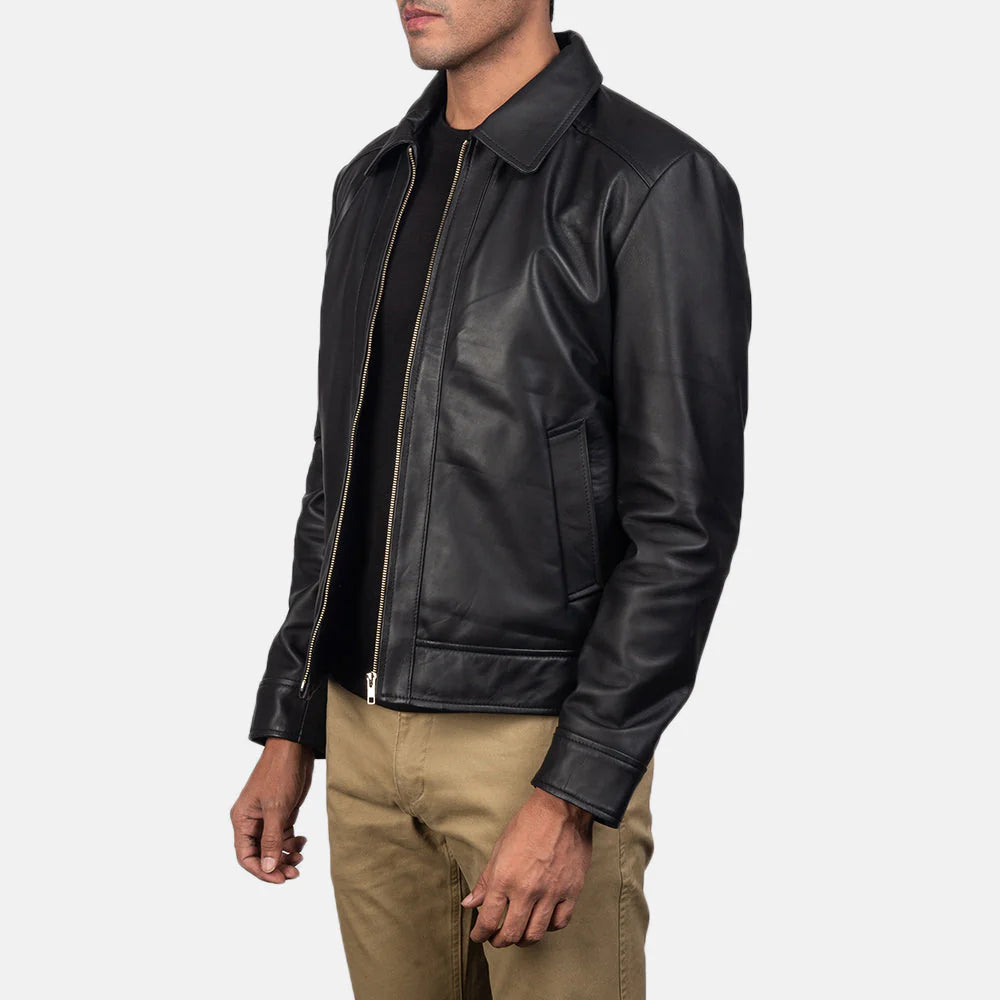 Classic Black Leather Jacket for Men with Front Zip Closure