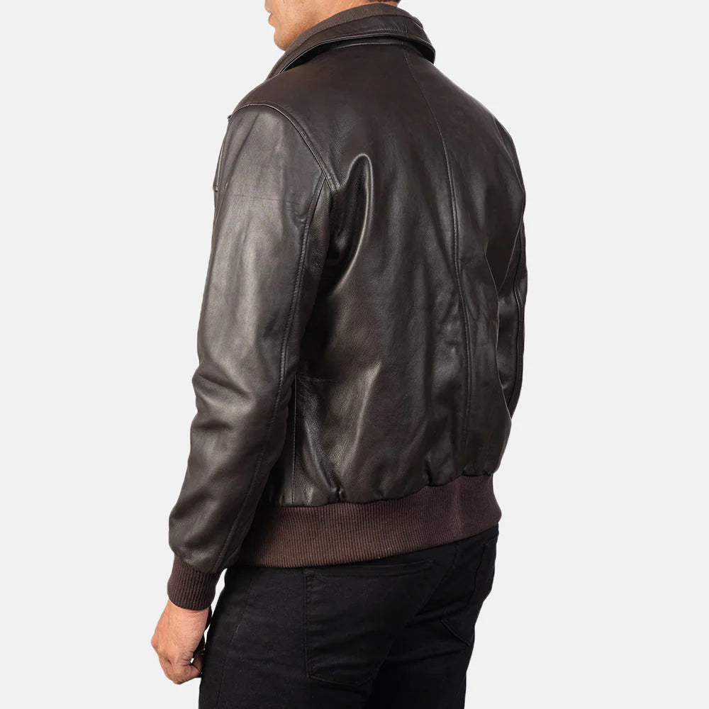 Men's fashion outerwear featuring a timeless brown leather bomber jacket