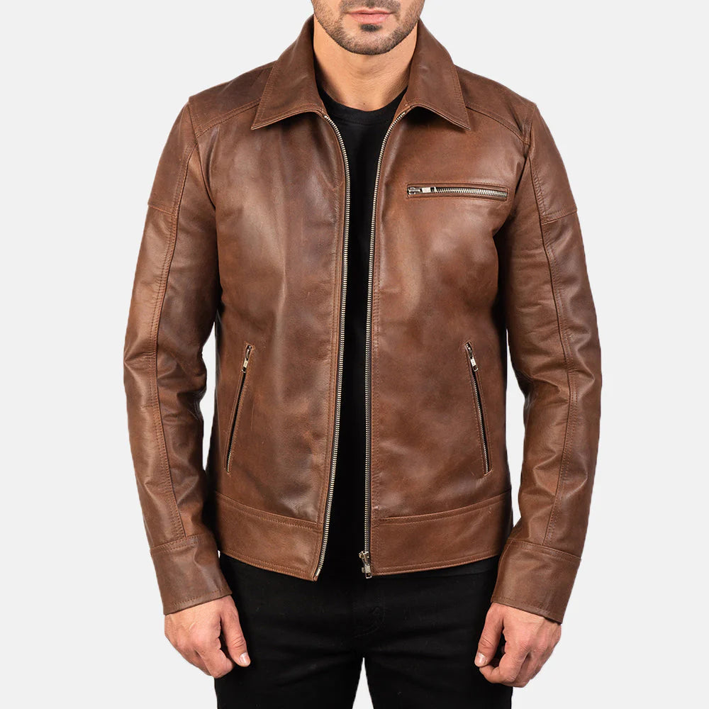 brown leather biker jacket for men, featuring a rugged asymmetrical zip and lapel collar

