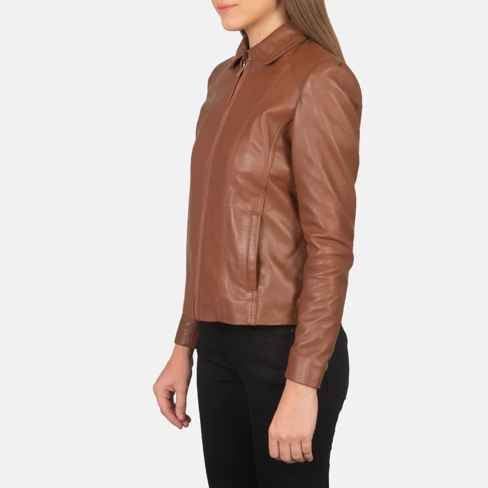 Side profile of women's brown leather jacket showing flapped pockets
