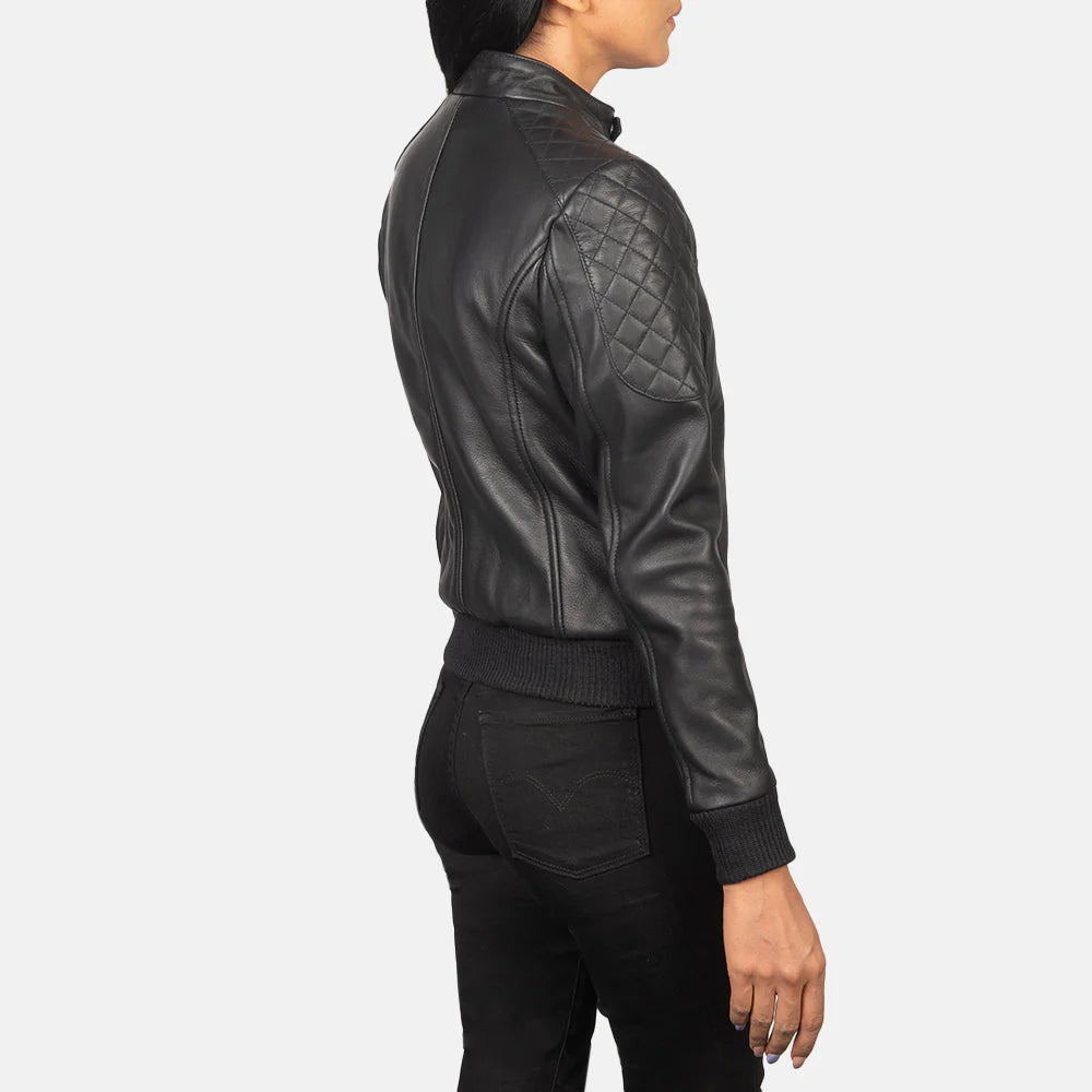 Back view of classic black bomber jacket with clean tailoring
