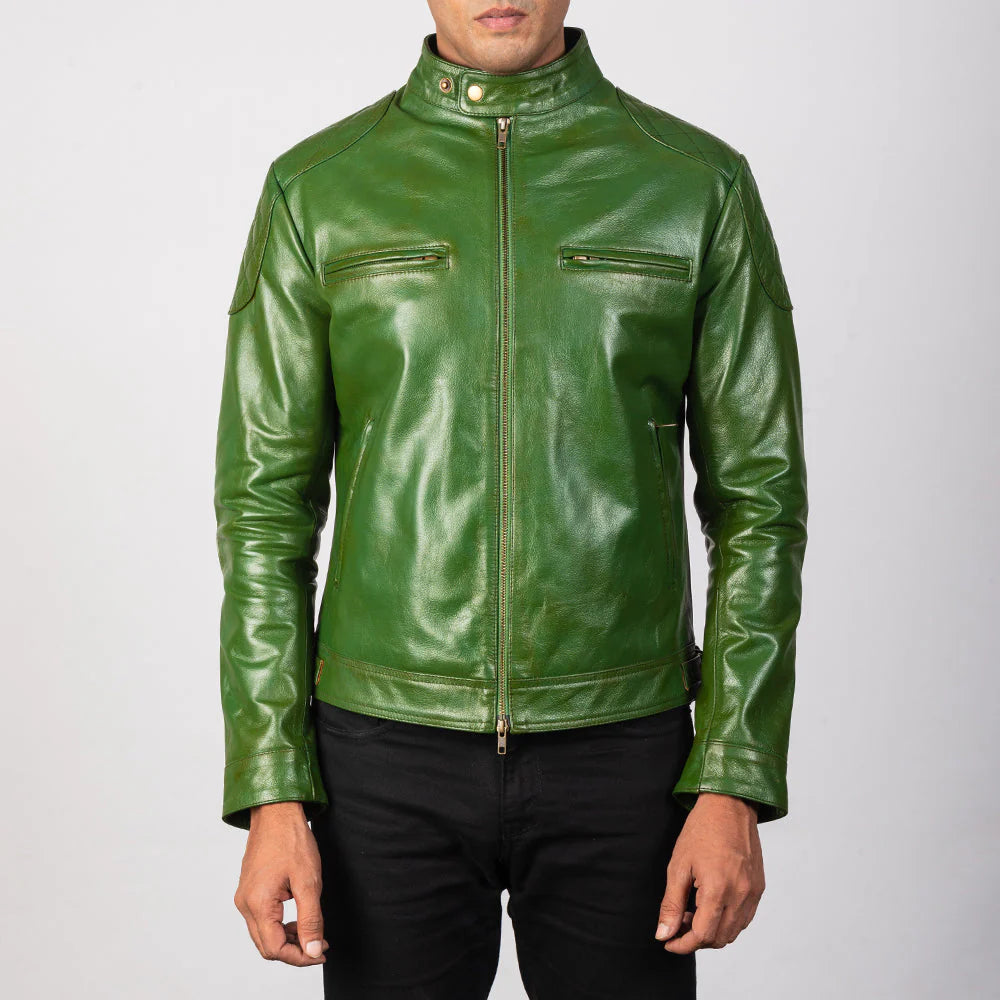 Green leather biker jacket for men, showcasing the asymmetrical zipper and snap-down collar.
