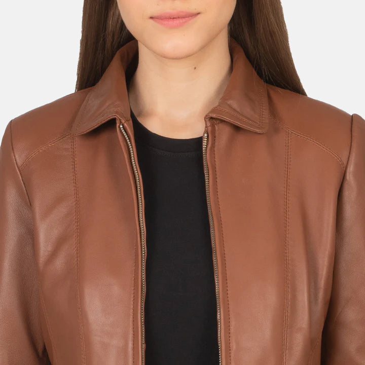 Detailed view of button cuffs and collar on brown leather jacket
