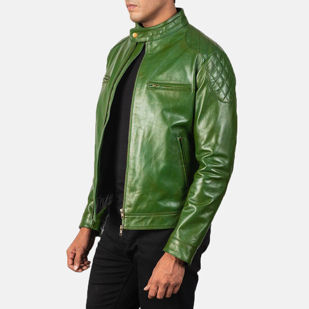 Detailed shot of the heavy-duty zippers and metal hardware on the men's green biker jacket.
