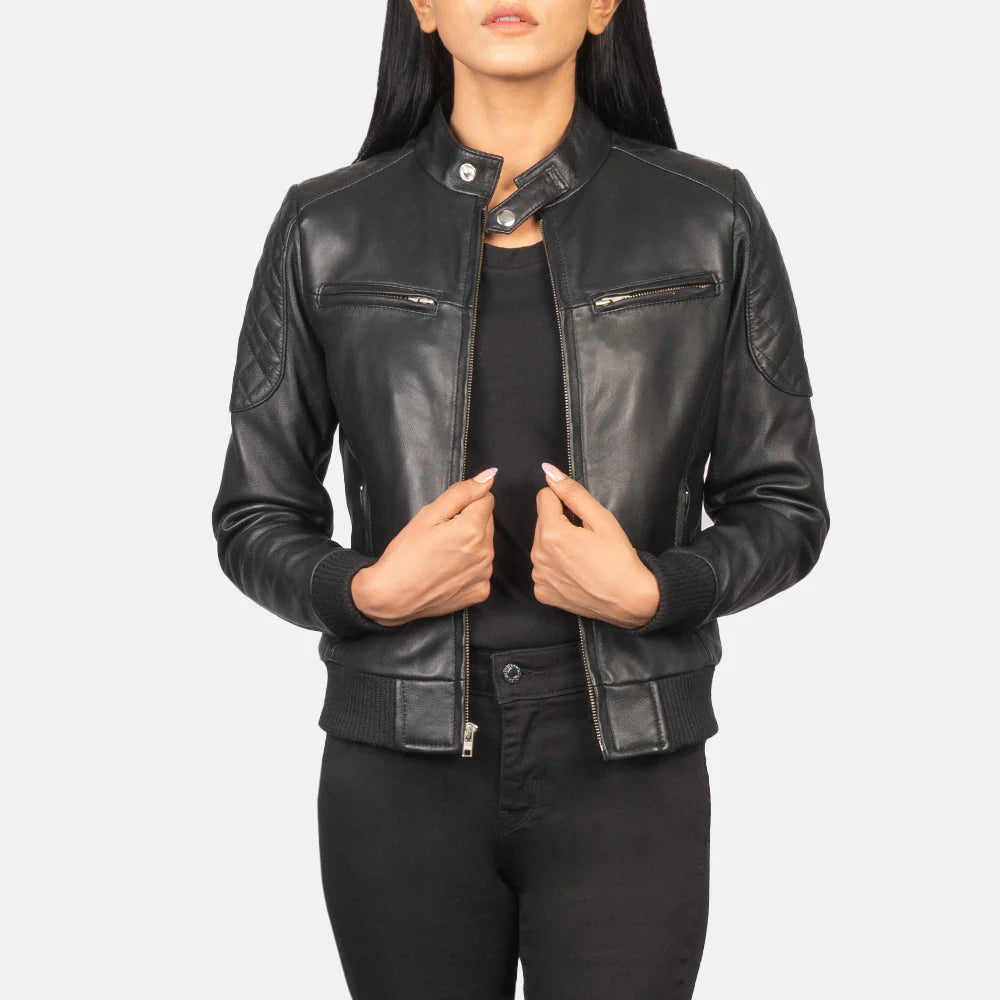 Men's black leather bomber jacket with classic aviator design and ribbed trim