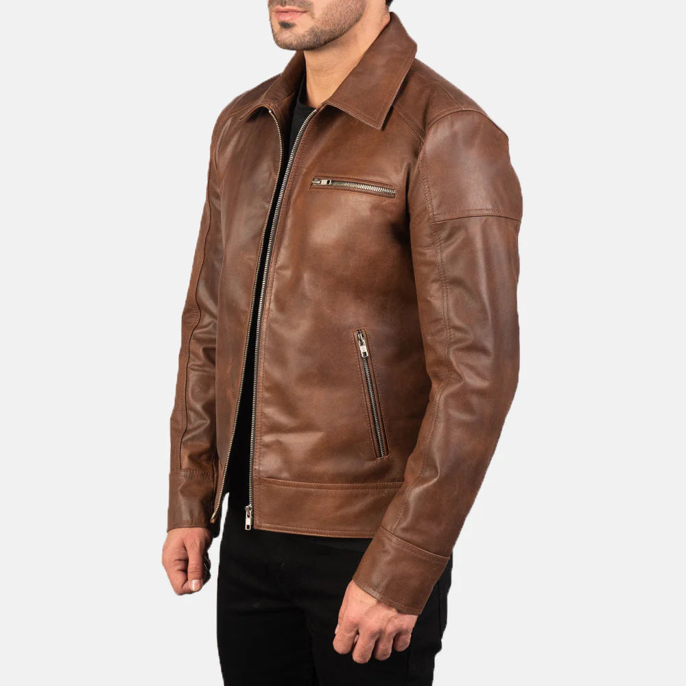 A man styling the lavendard brown vintage leather biker jacket for a rugged, fashionable outfit.
