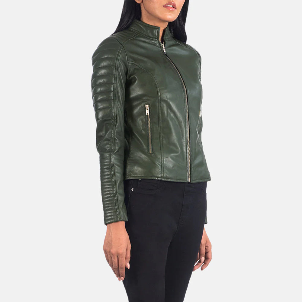 Side view of quilted green leather jacket showing contoured fit
