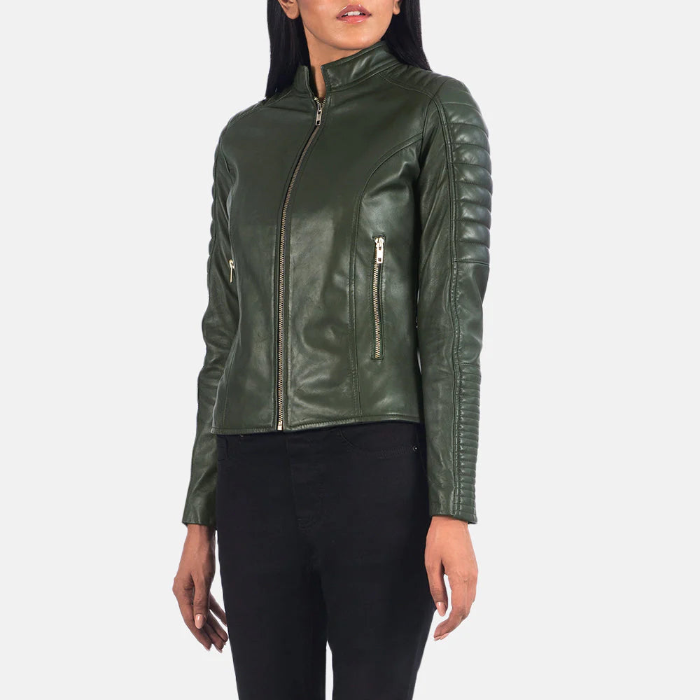 Detailed view of asymmetrical zipper on quilted biker jacket
