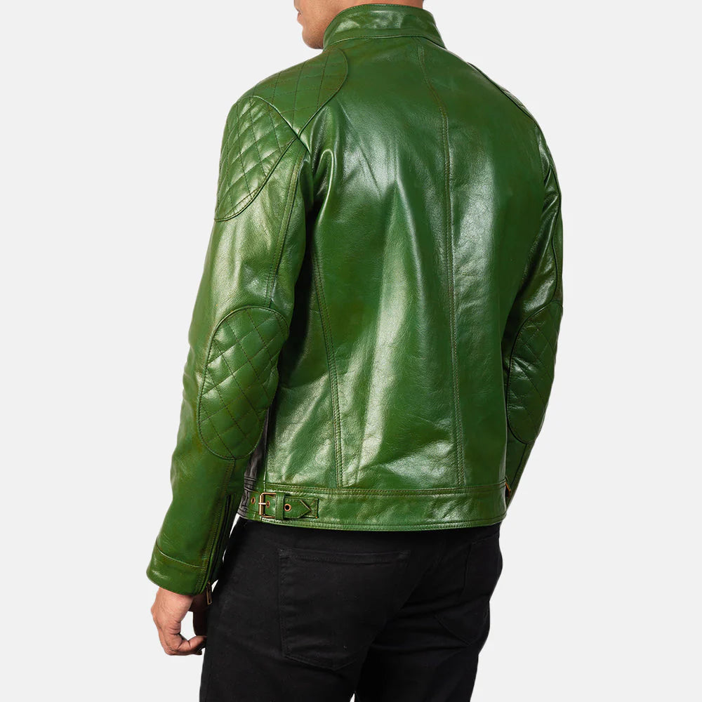 Back view of the vintage green motorcycle jacket, highlighting its tailored fit and construction.
