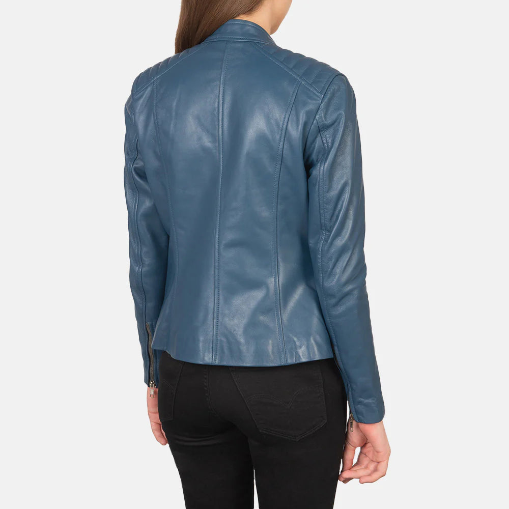 Back detailing of vintage blue leather biker jacket for women
