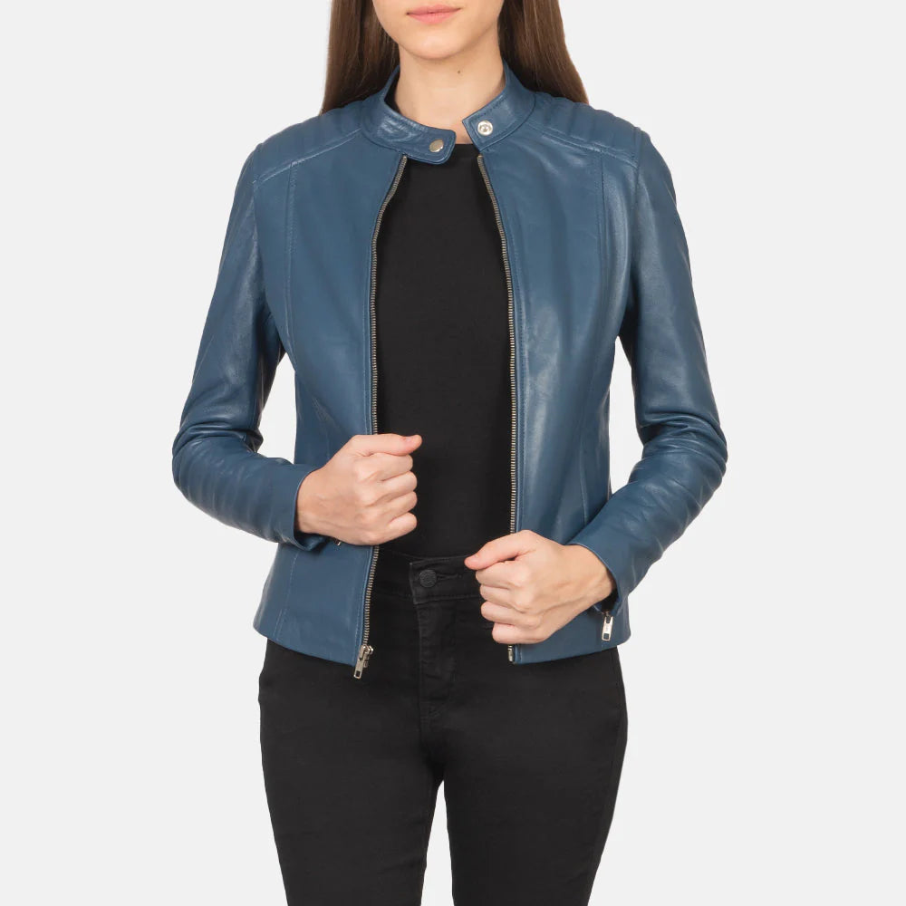 Women's blue leather biker jacket with asymmetrical zipper design
