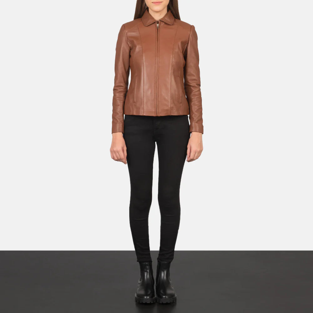 Woman wearing classic brown leather jacket with casual outfit
