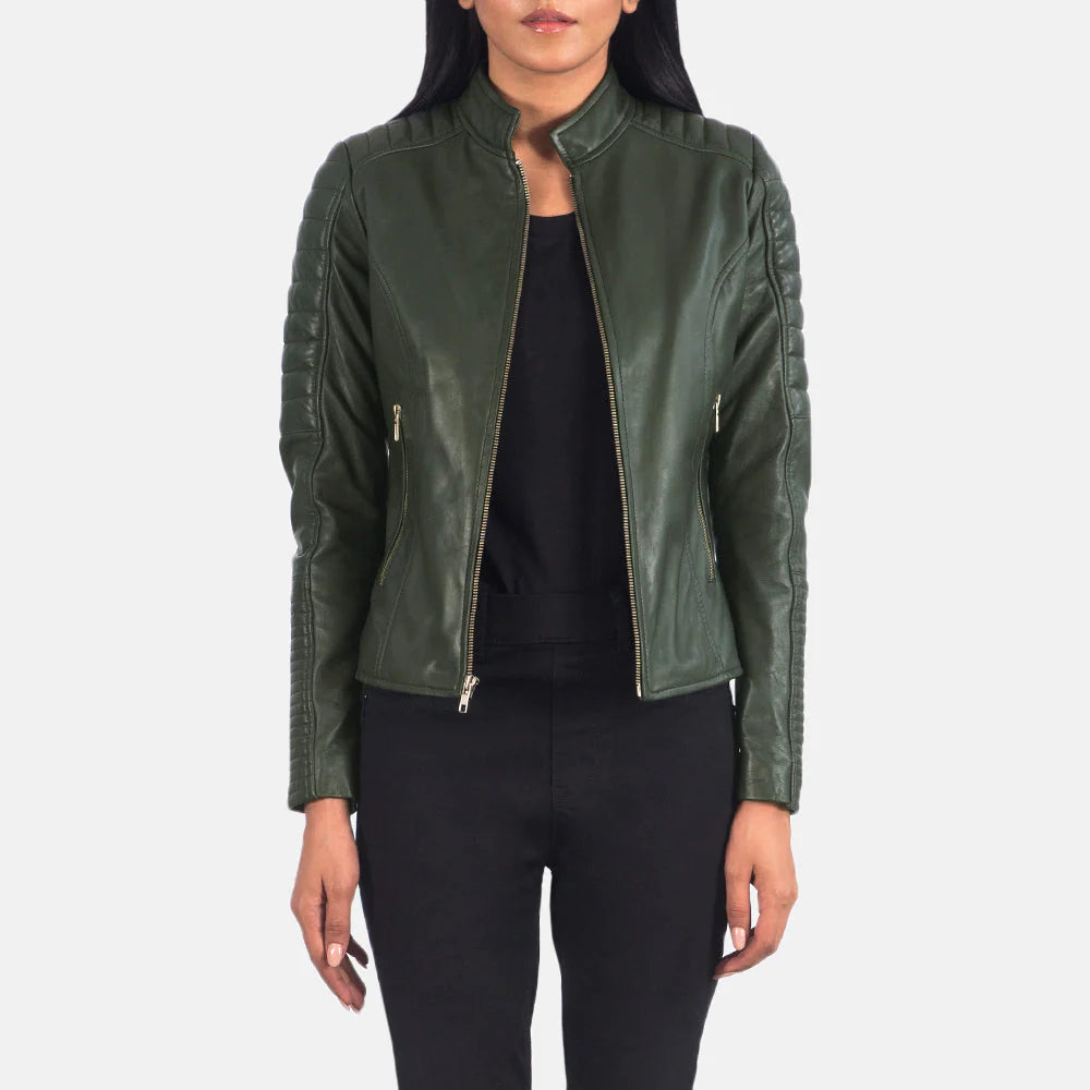 Women's emerald green leather biker jacket with diamond quilted pattern
