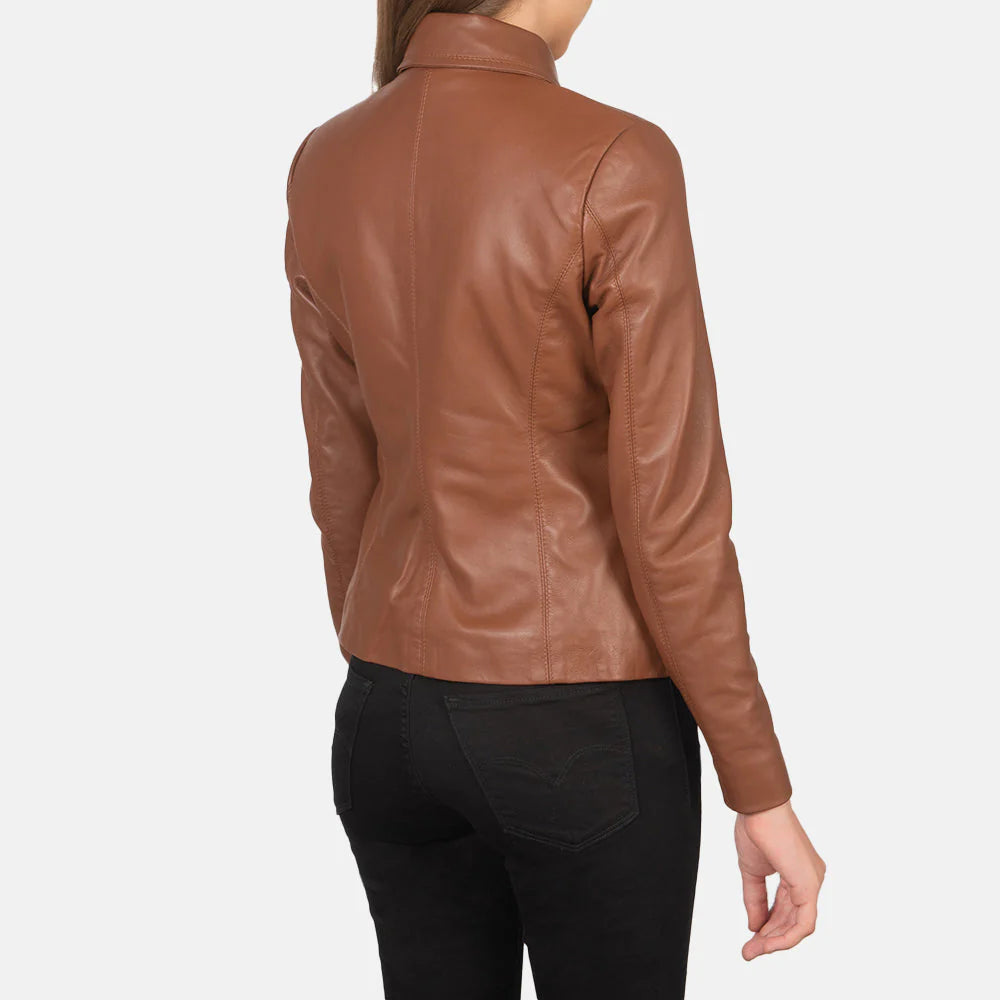 Back design of classic brown leather jacket for women
