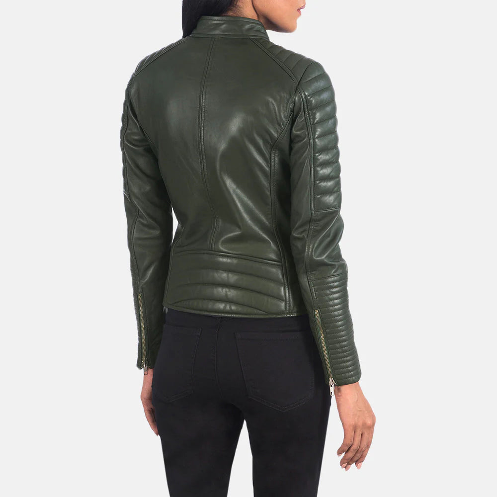 Back design of women's quilted green leather biker jacket
