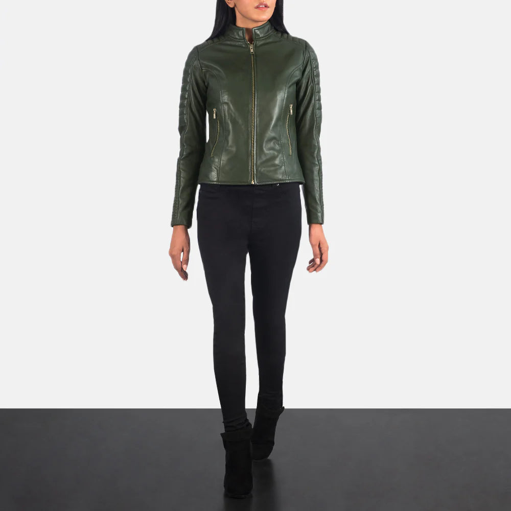 Woman styling emerald green quilted leather biker jacket
